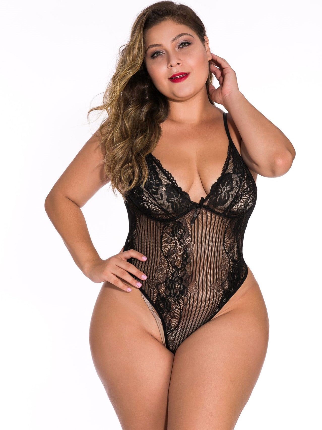 Plus Lace Striped Panel Fun Shaper Bodysuit
