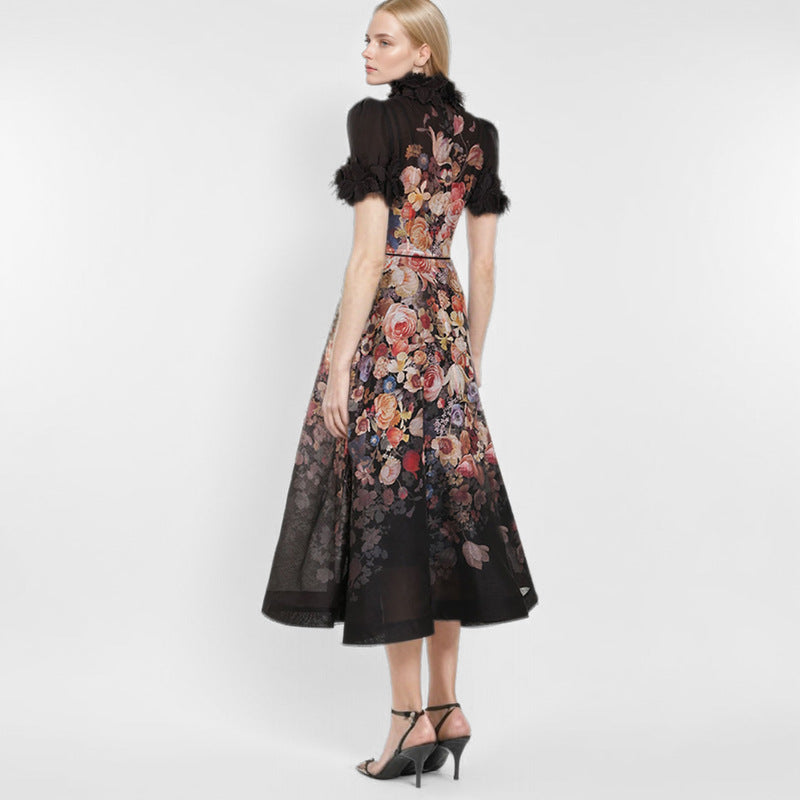 Floral Appliqued Mesh Midi Dress In Beige