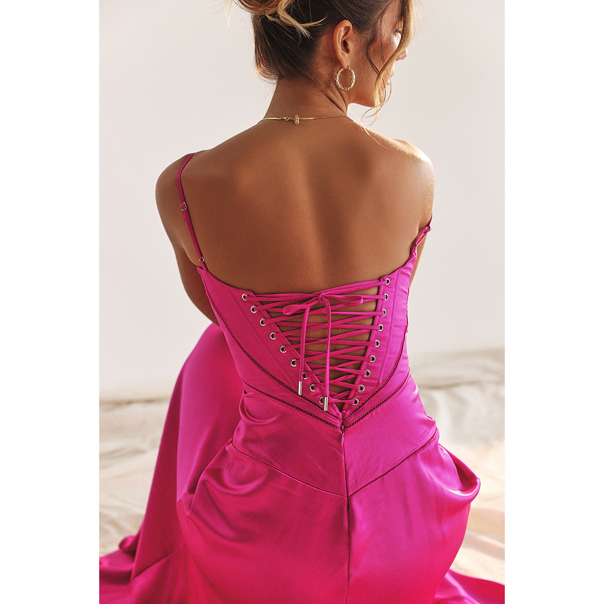 Anabella Black Lace Up Maxi Dress - Rose Red