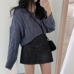 Kurzer brauner Zopfmusterpullover