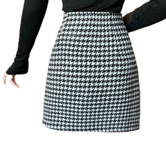 Houndstooth Print Button Detail Zip Back Bodycon Skirt