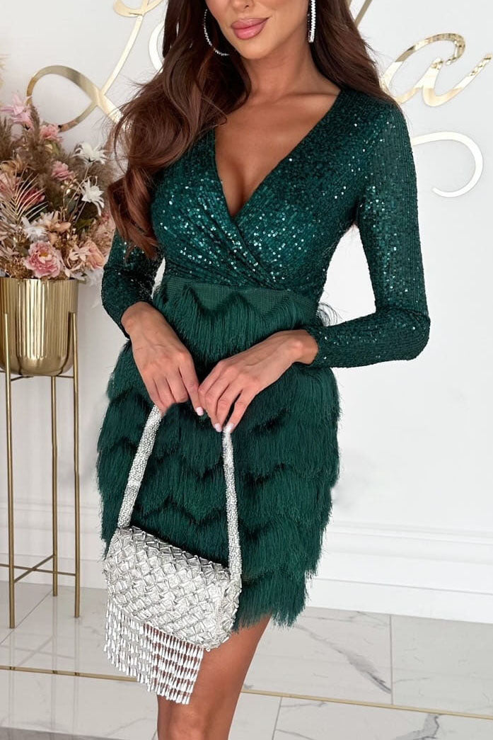 Deep V long-sleeved sequined plush patchwork dress