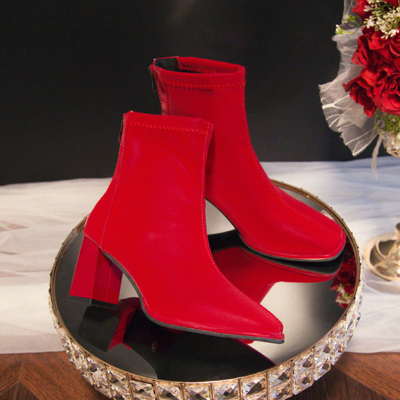 Square Toe Thick Heeled Back Zipper Short Boots Newgew