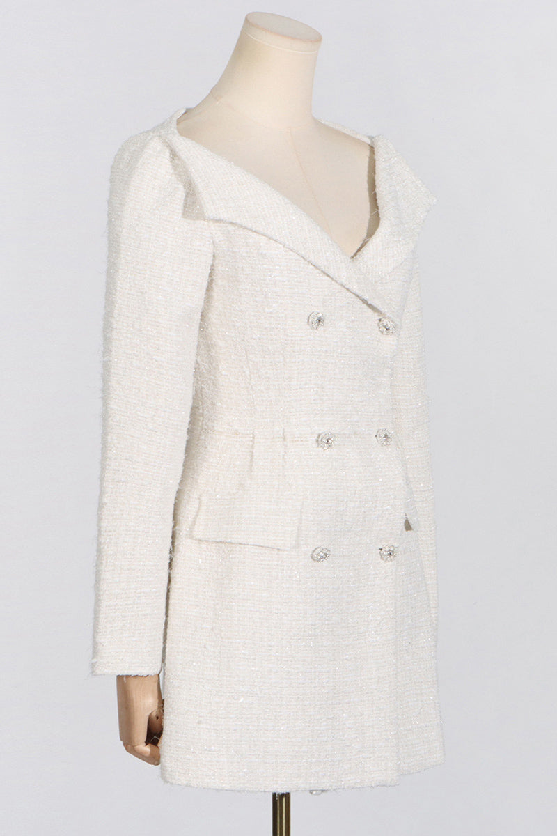 Beige Double-Breasted Boucle Mini Dress