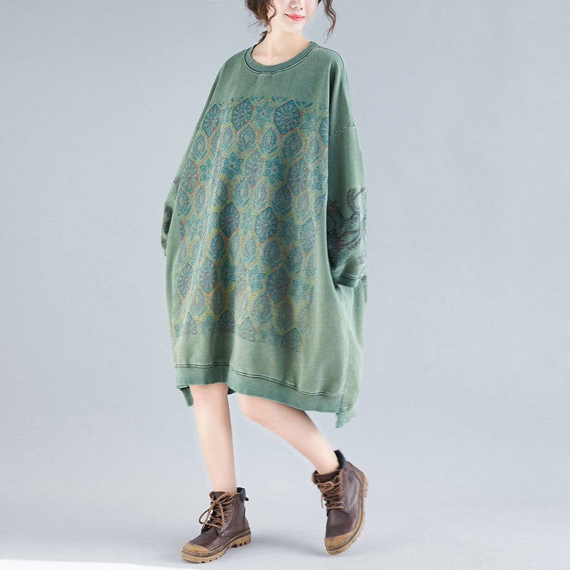 Crew Neck Printed Sweatshirt Dress