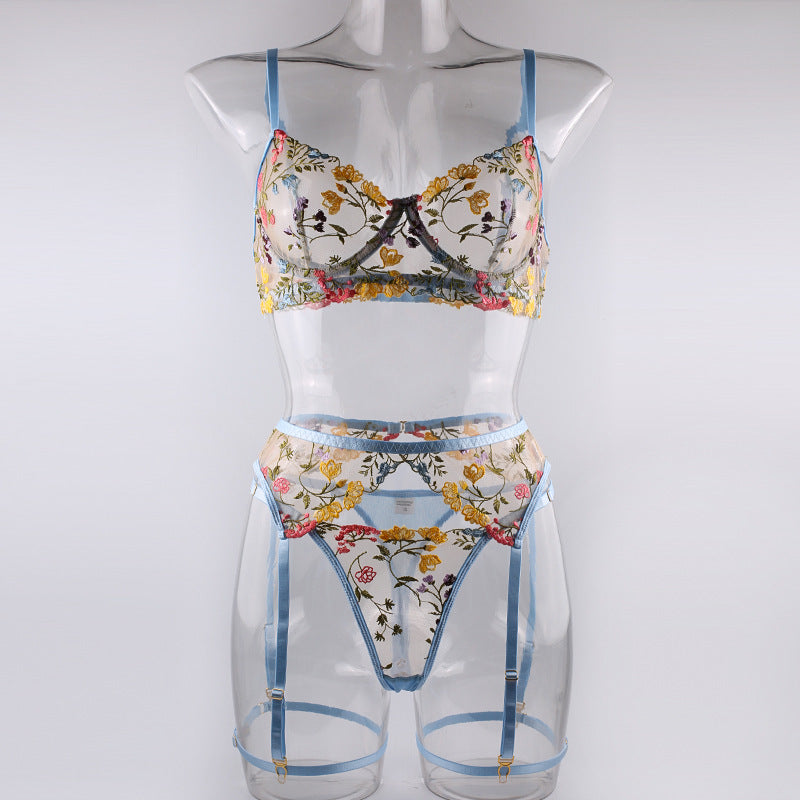 New Flower Embroidery Lingerie Three-Piece Set
