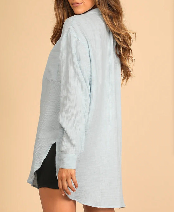 Cobie Cotton Frayed Button Down Top - Light Blue - FINAL SALE MIOU-001