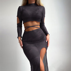 Dreiteiliges Set aus bedrucktem, durchsichtigem Netzstoff und kurzem Rundhalsrock