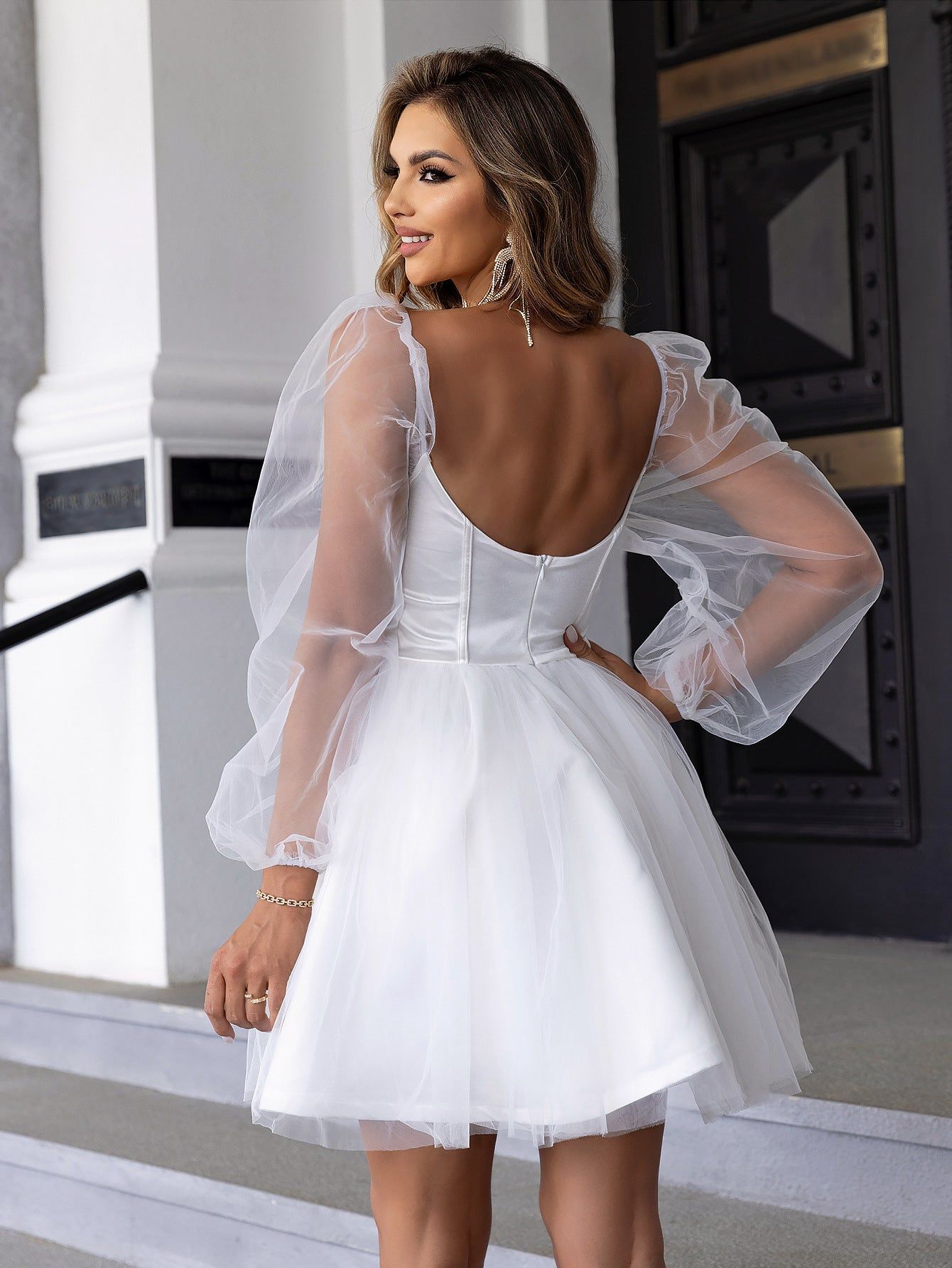 Sweetheart Neck Lantern Sleeve Mesh Overlay Bustier Dress