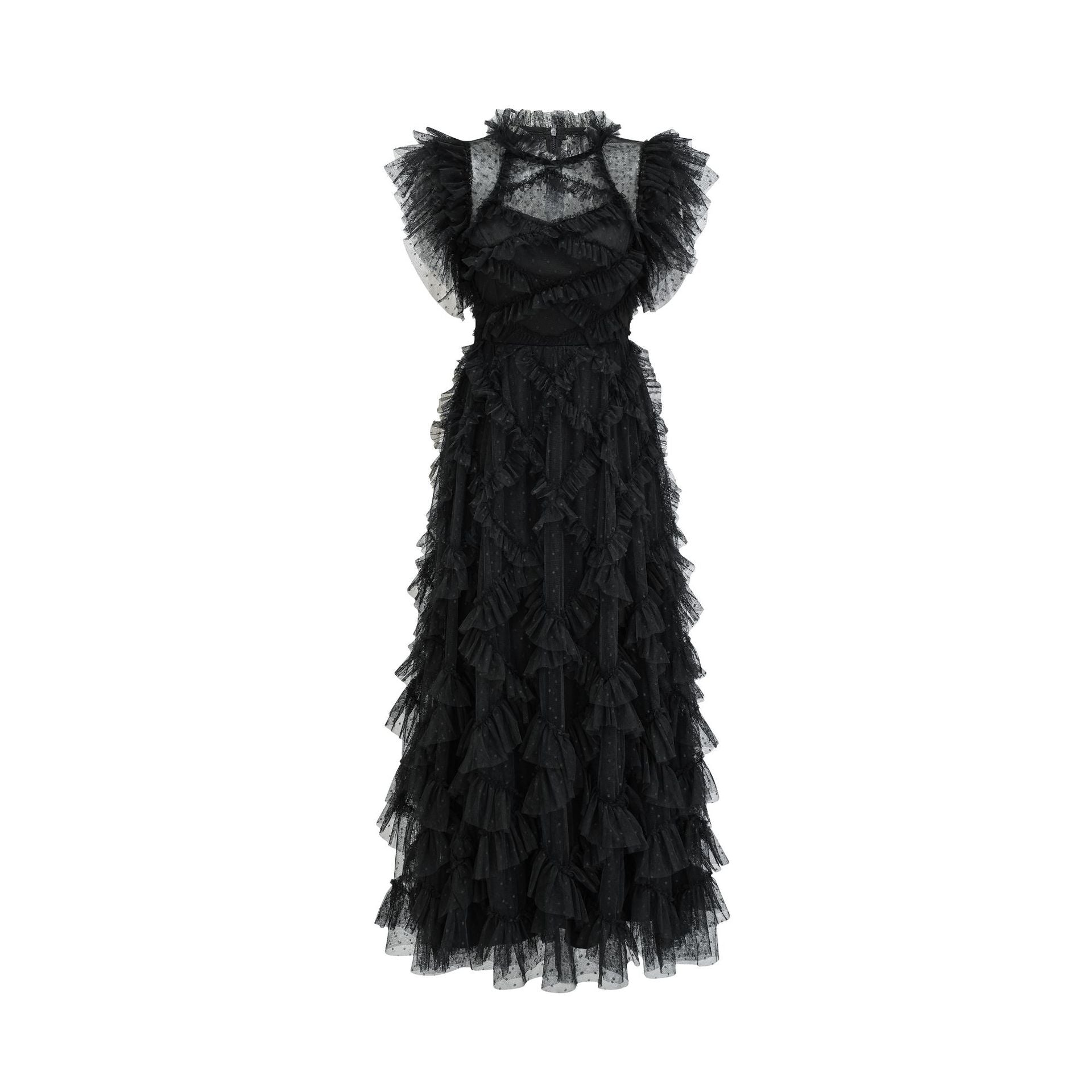 High Neck Short Sleeve Frill Maxi Bodycon Dress HT0916