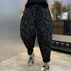 Fitted Black Cinched Print denim Pants Winter