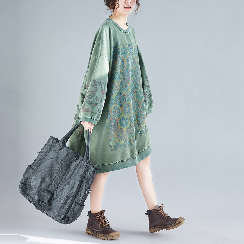 Crew Neck Printed Sweatshirt Dress