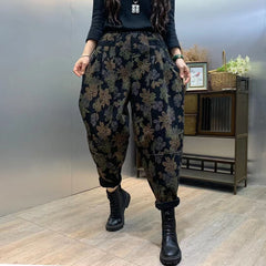 Fitted Black Cinched Print denim Pants Winter