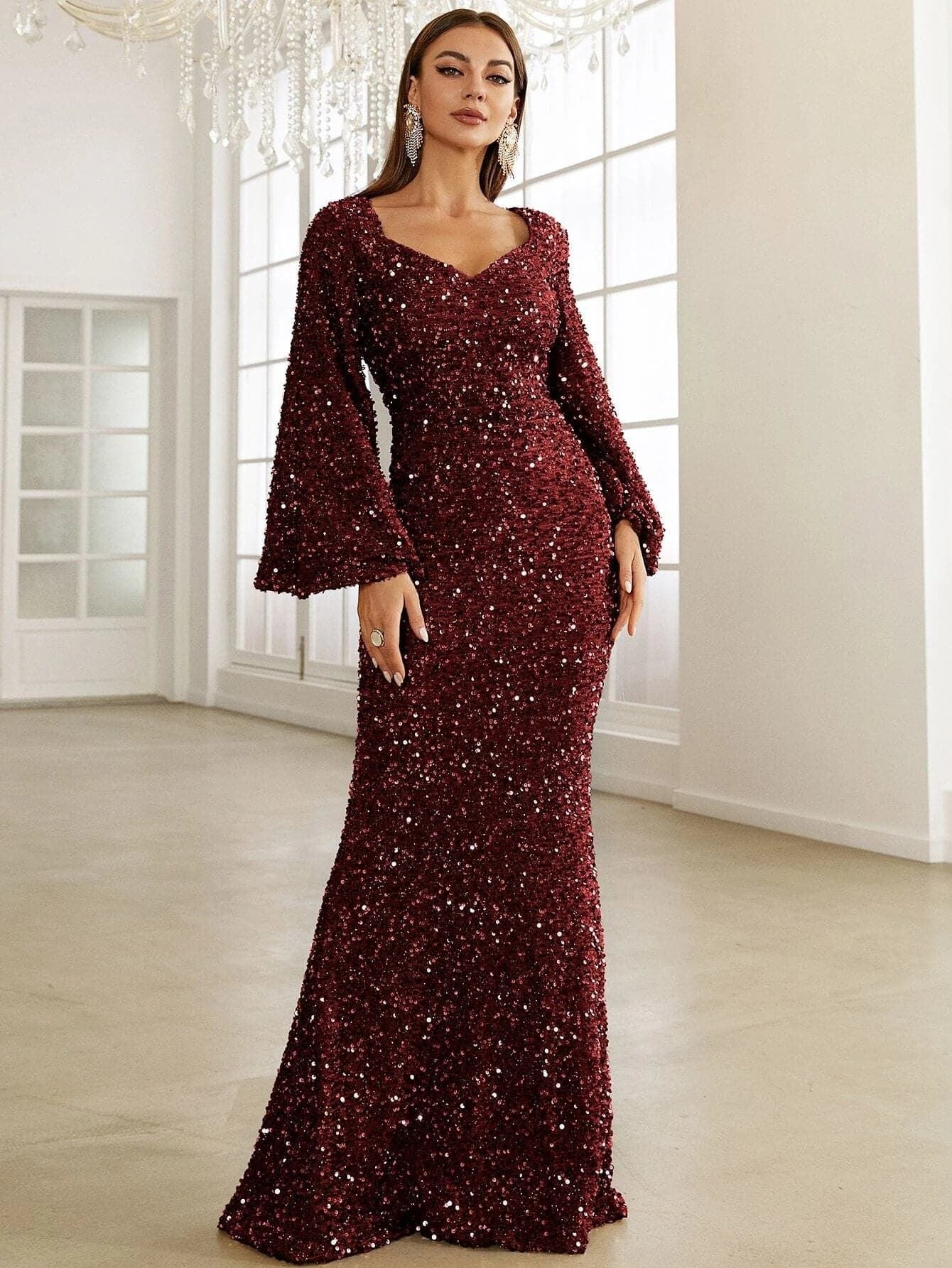 Sequined Long Sleeve Deep V Neck Elegant Slim Fit Evening Dress