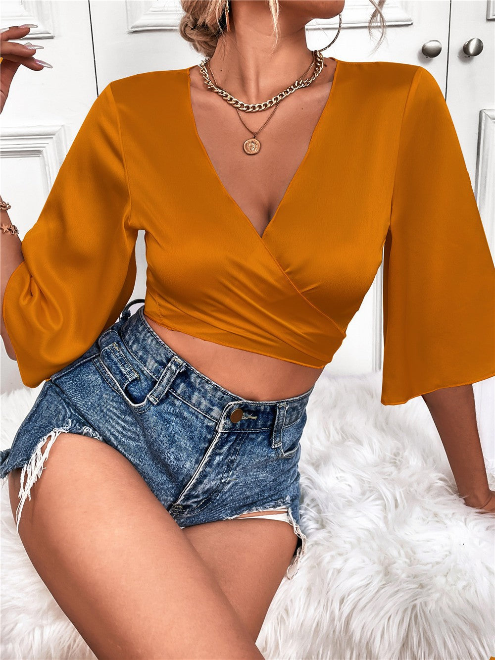 Lisandro Tie Front Kimono Crop Top - White Ins Street