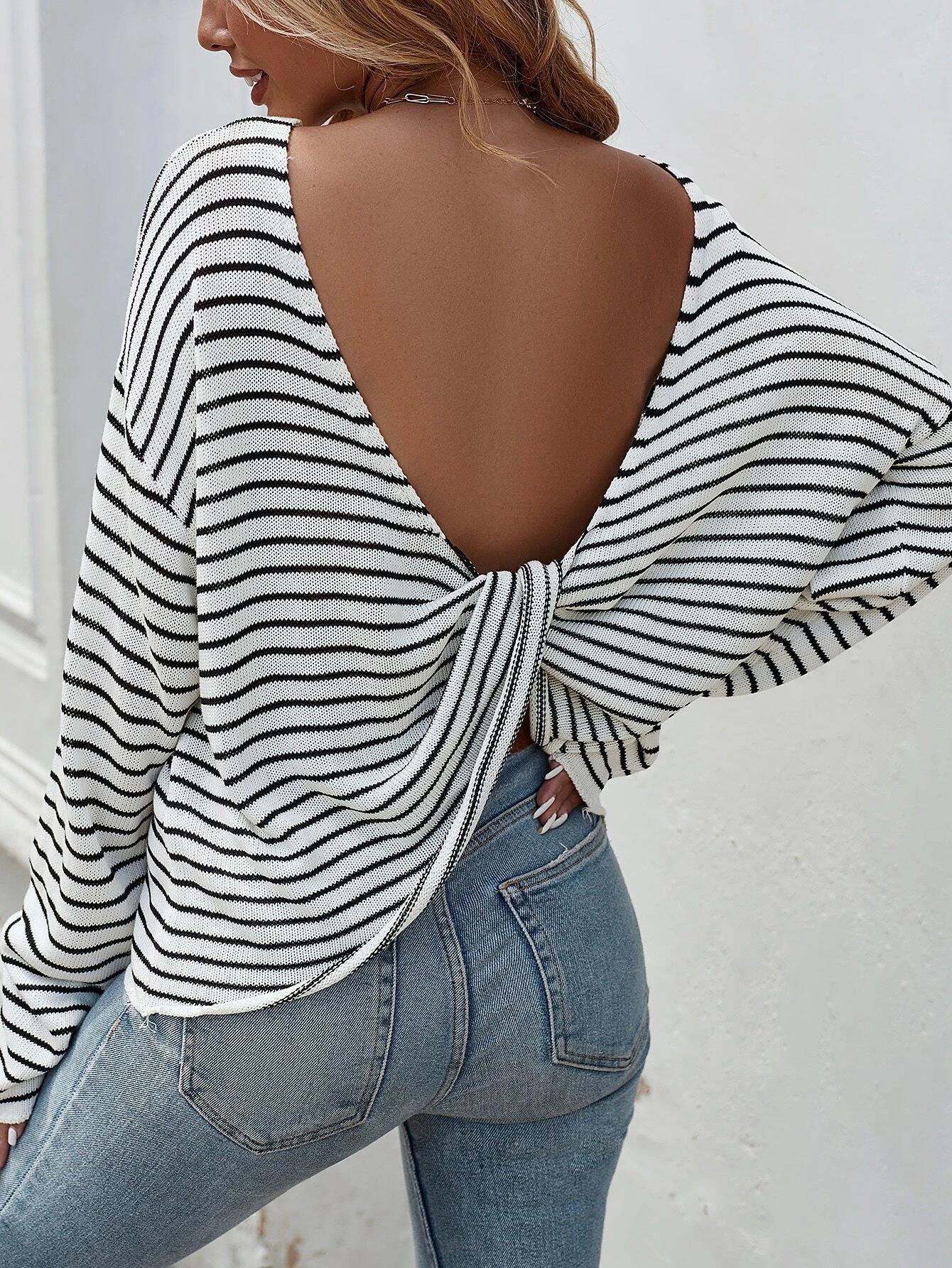 Striped Leaf Off-Shoulder T-Sleeve Top