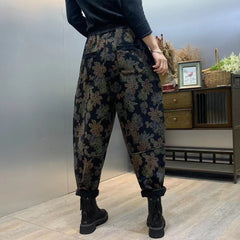 Fitted Black Cinched Print denim Pants Winter