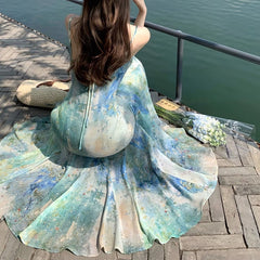 Women Sling Deep V Neck Backless Floral Print Dress