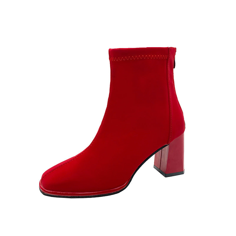 Square Toe Thick Heeled Back Zipper Short Boots Newgew