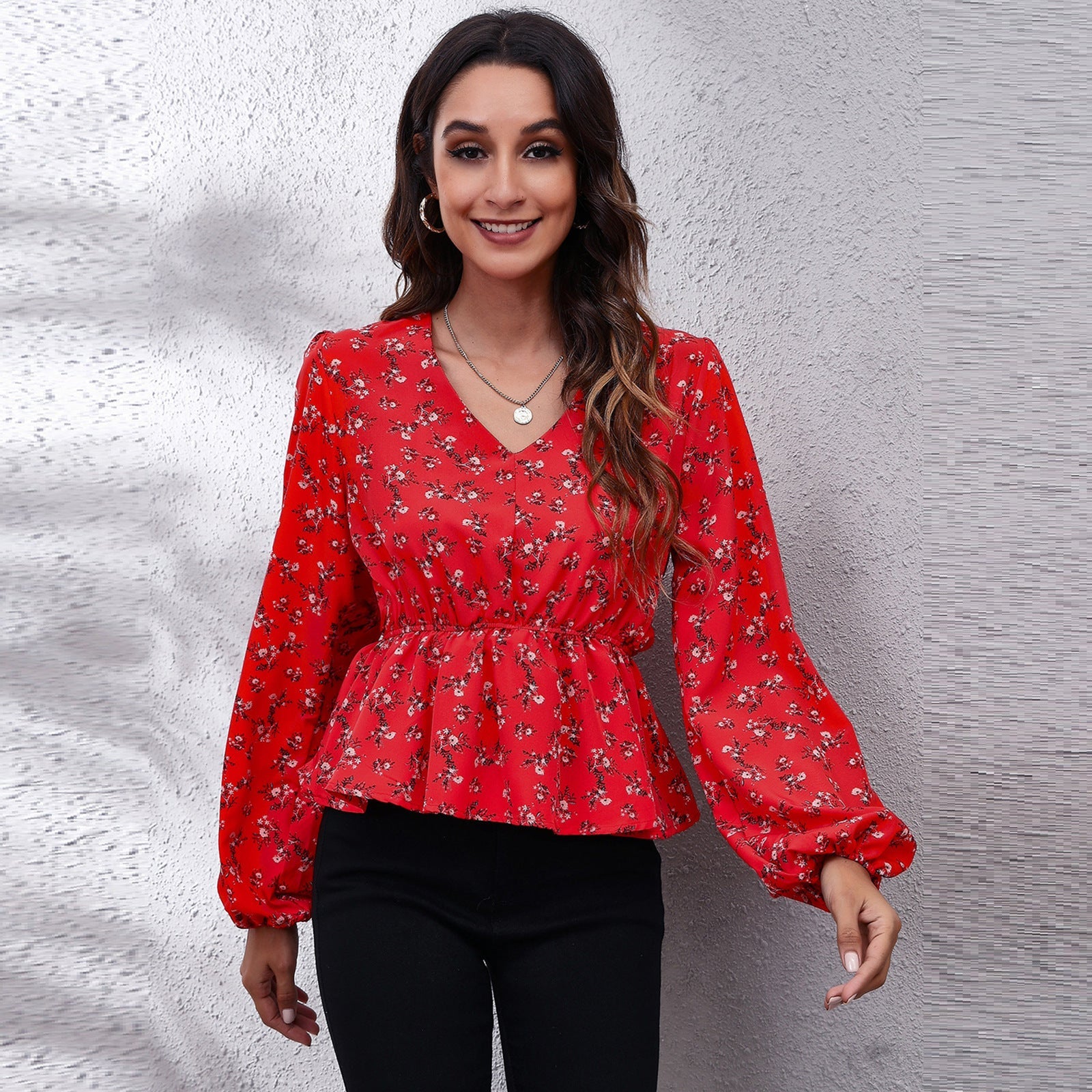 Frosted Cranberry Floral Peplum Blouse Ins Street