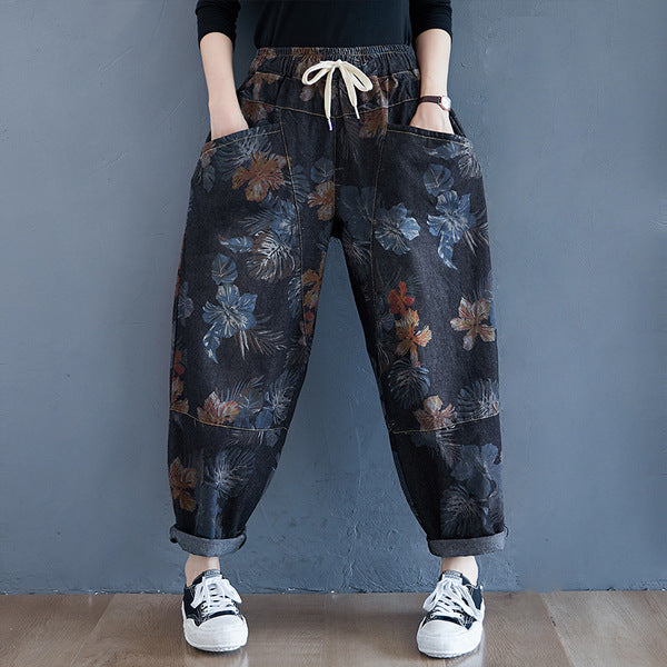 Boutique Black Print Patchwork denim harem pants