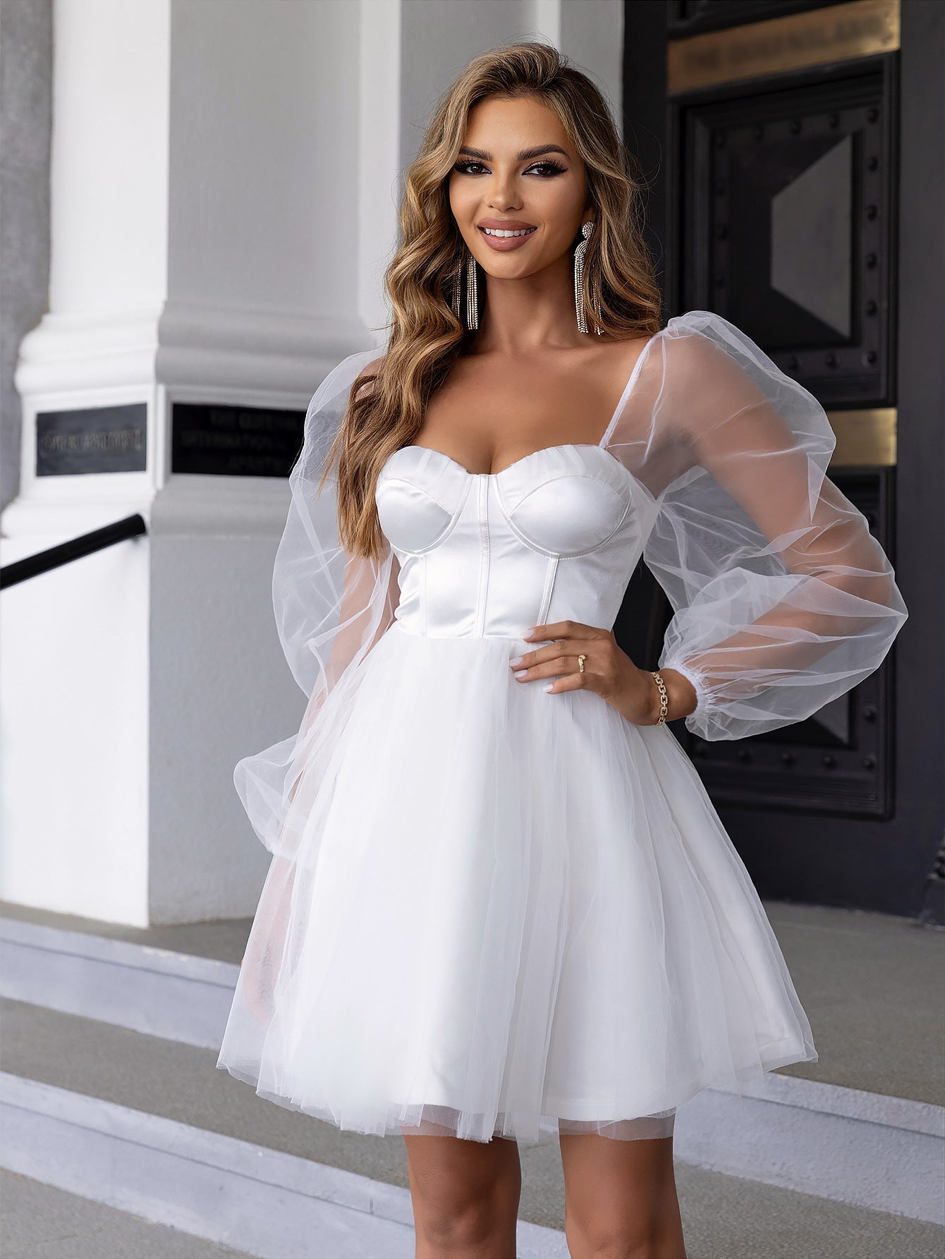 Sweetheart Neck Lantern Sleeve Mesh Overlay Bustier Dress