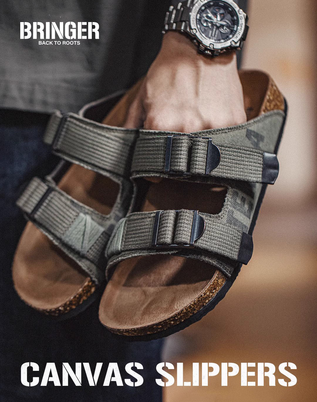 Outdoor Beach Retro Camouflage Canvas Cork Flip Flops Men's Sandal