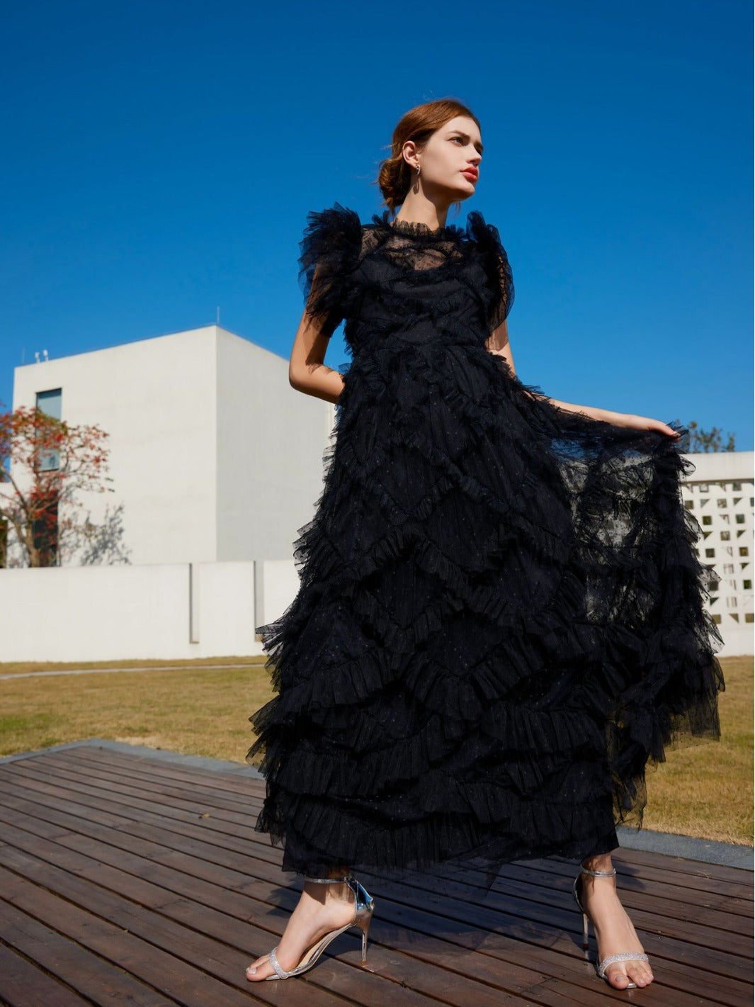 High Neck Short Sleeve Frill Maxi Bodycon Dress HT0916