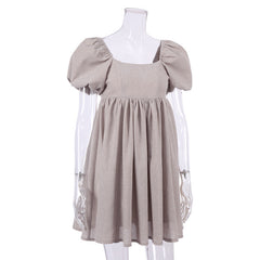 Süßes Leinen-Babydoll-Minikleid mit Puffärmeln und quadratischem Ausschnitt - Khaki