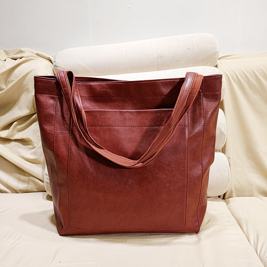 soft leather  with pocket retro oil wax leather large capacity  tote bag