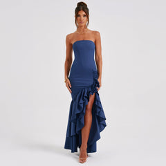 Rosemont Cotton Linen Strapless High Low Maxi Dress - Blue