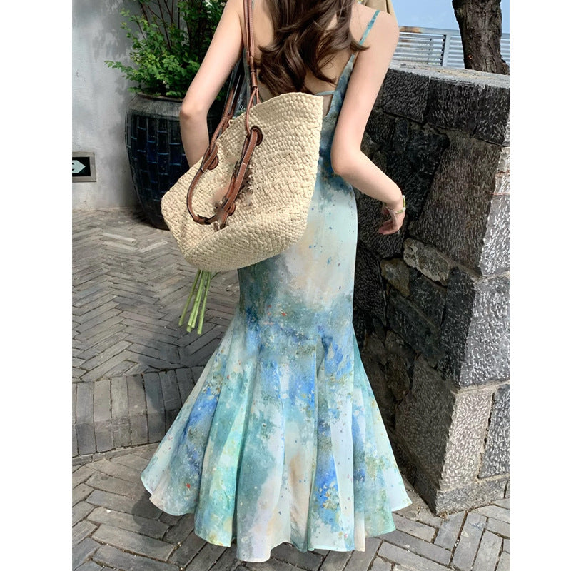 Women Sling Deep V Neck Backless Floral Print Dress
