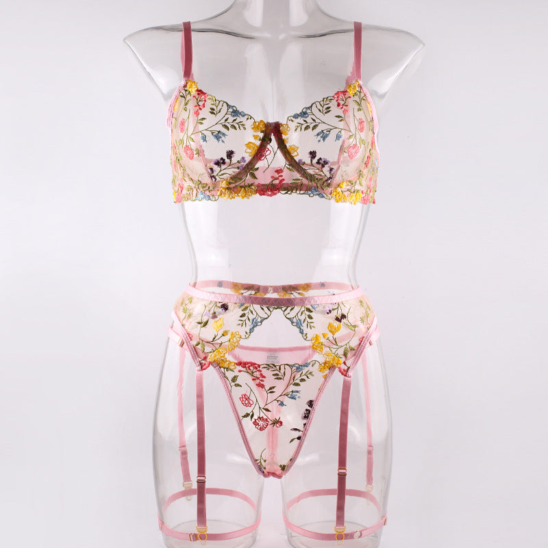 New Flower Embroidery Lingerie Three-Piece Set