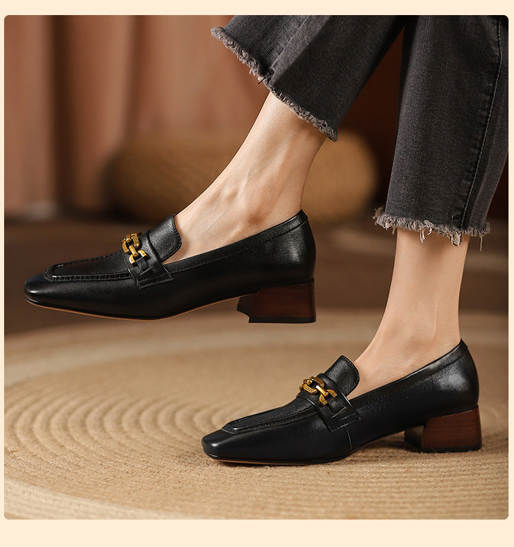 Isela Square Toe Loafer Heels with Gold Chain Newgew