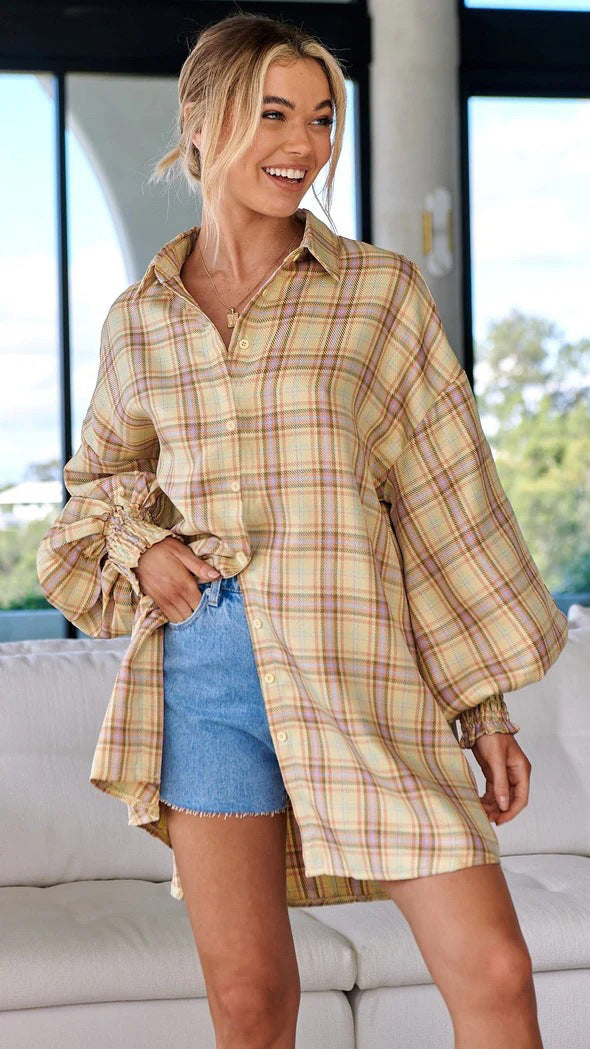 Crescent Moon Cotton Blend Plaid Button Down Top - FINAL SALE EMOR-001