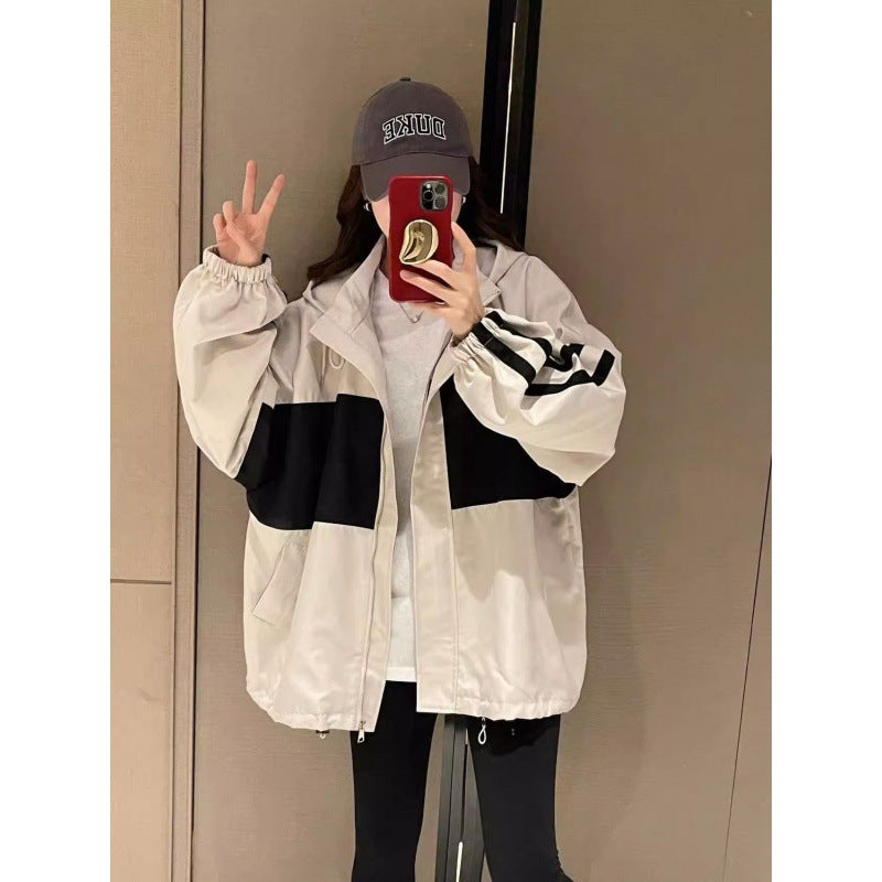 Blue Side Stripes Oversized Zipper Hooded Sweatshirt