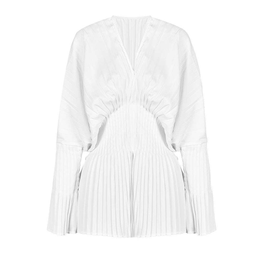 Architectural Pleated Balloon Sleeve V Neck Belted Zip Up Jacket
