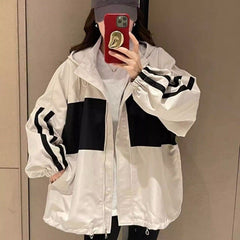 Blue Side Stripes Oversized Zipper Hooded Sweatshirt