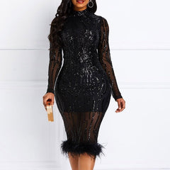 Long Sleeves Sequin Tassel Party Dress