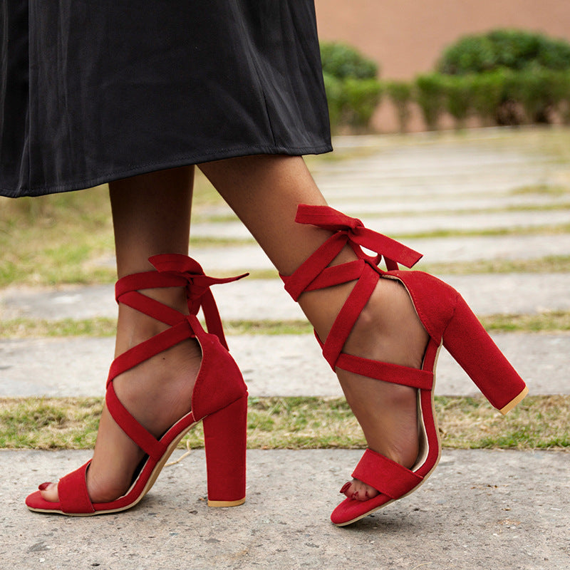 Lace Up High Heeled Sandals Chunky Block Ankle Tie Strap Heels Pairmore