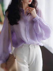 Mesh Panel Button Front Blouse