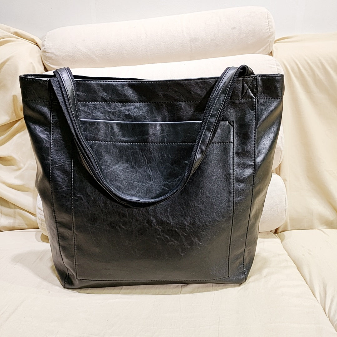 soft leather  with pocket retro oil wax leather large capacity  tote bag