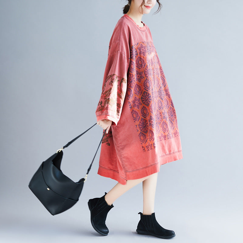 Crew Neck Printed Sweatshirt Dress