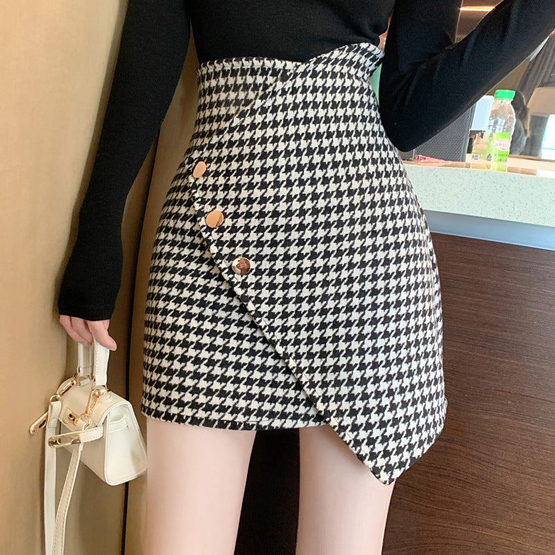 Houndstooth Print Button Detail Zip Back Bodycon Skirt