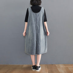 Elegantes blaues Patchwork-Maxi-Slip-Kleid aus Denim mit V-Ausschnitt und Ärmeln