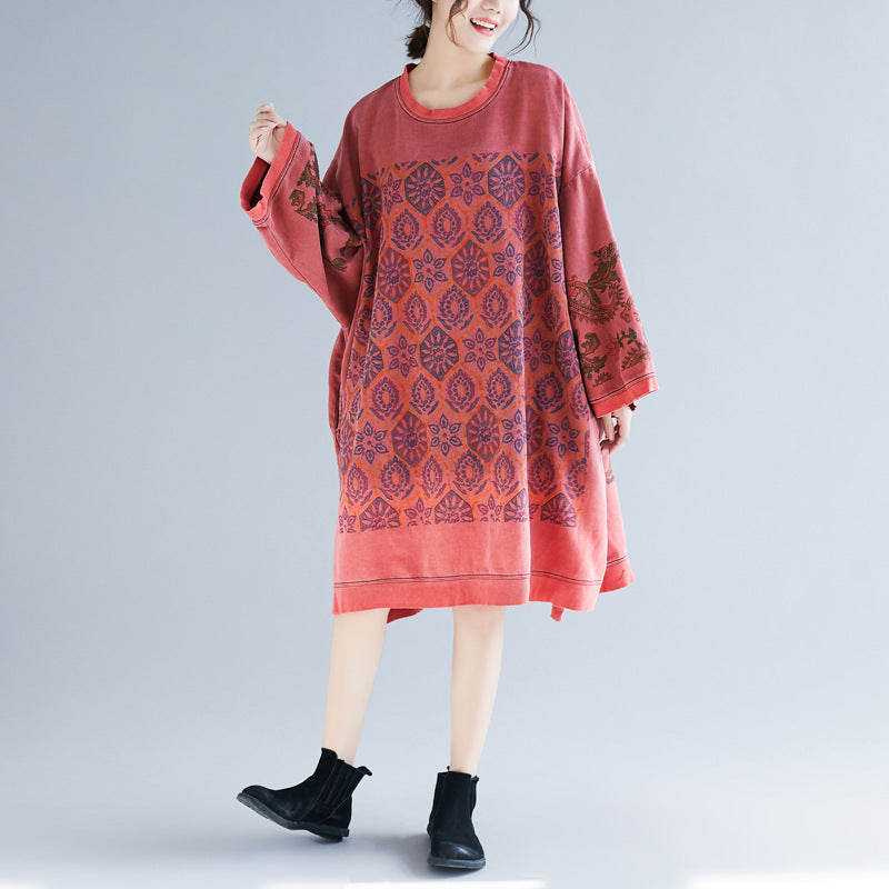 Crew Neck Printed Sweatshirt Dress