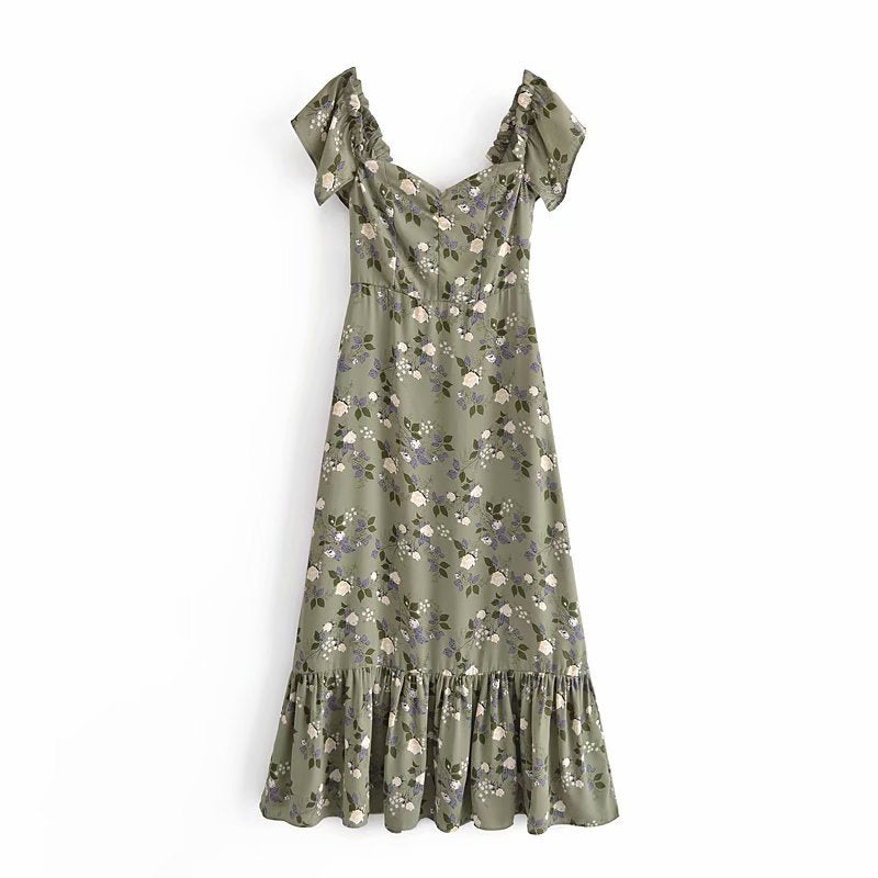 Vintage Maxikleid mit Blumenmuster und quadratischem Kragen