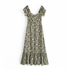 Vintage Maxikleid mit Blumenmuster und quadratischem Kragen