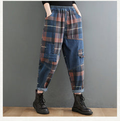 Vintage Karierte Patchwork Haremshose aus Denim mit hoher Taille