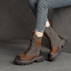 Women Retro Color Matching Patchwork Leather Combat Boots Newgew Shoes